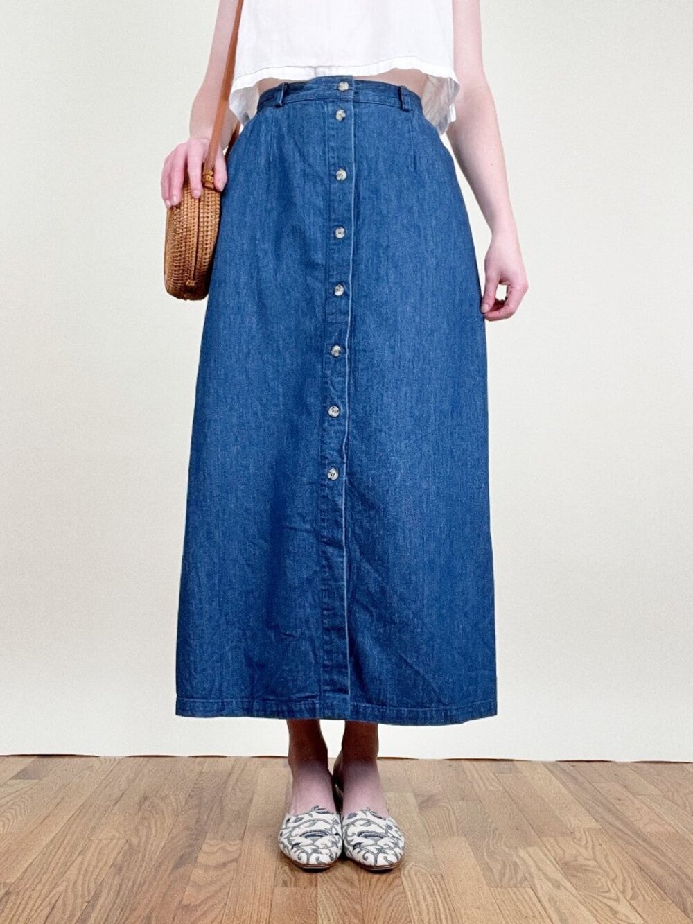 Vintage 90s Y2K Maxi Skirt 100% Cotton Denim High Rise Waist Button Down Up Boho - Picture 8 of 8